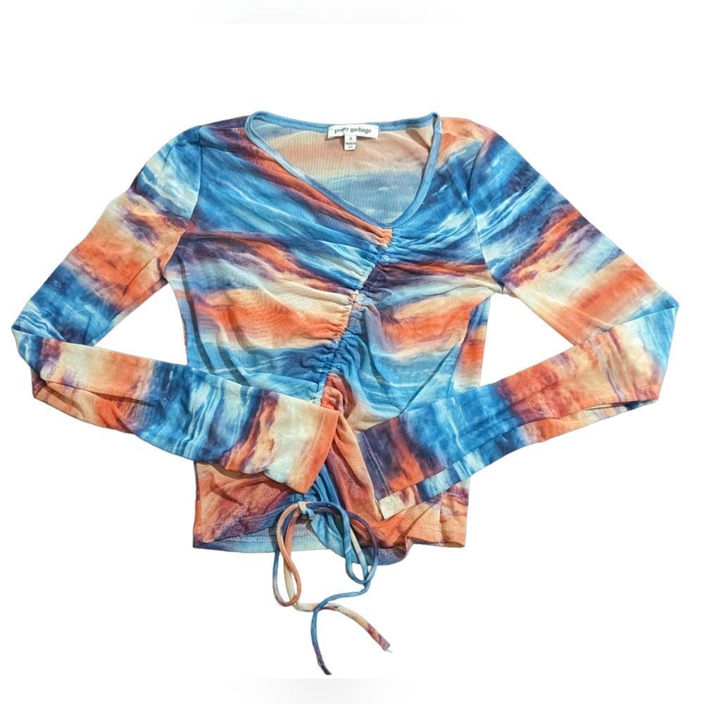 Pretty Garbage Asymmetrical Mesh Long Sleeve Drawstring Crop Top Small Y2K
